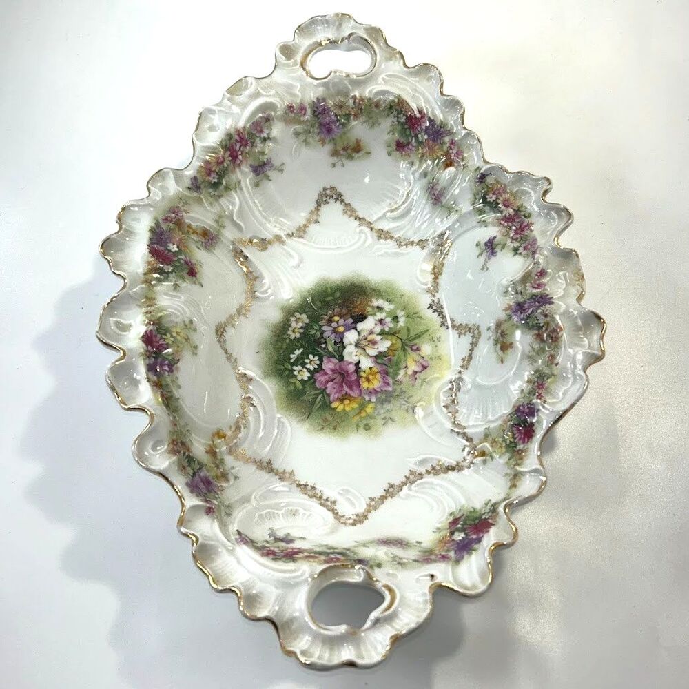 Vtg C T Carl Tielsch Germany Victorian Style Raised Scroll Double Handled Bowl